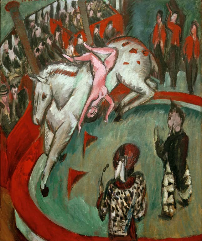 Akrobatin auf weißem Schimmel in der Manege, Zuschauer im Hintergrund – Ernst Ludwig Kirchner Zirkusreiterin Kunstkopie