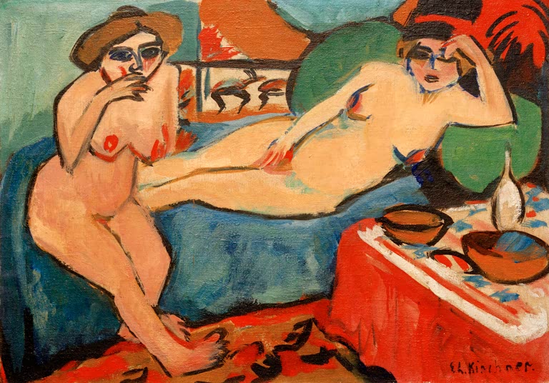 Zwei nackte Frauen auf blauem Sofa mit Schalen auf rotem Tuch – Ernst Ludwig Kirchner Zwei Akte auf blauem Sofa Kunstkopie