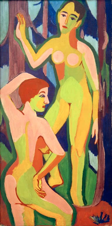 Zwei Akte im Wald, einer stehend, einer kauernd – Ernst Ludwig Kirchner Zwei Akte im Wald II Kunstkopie