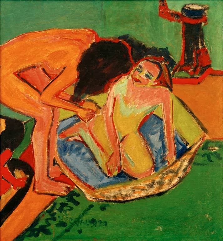 Frau beugt sich zu einer Badenden, daneben ein Ofen – Ernst Ludwig Kirchner Zwei Akte mit Badewanne und Ofen Kunstkopie