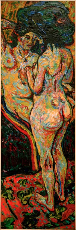 Stehender Rückenakt vor gemustertem Teppich im schmalen Hochformat – Ernst Ludwig Kirchner Zwei Akte Kunstkopie
