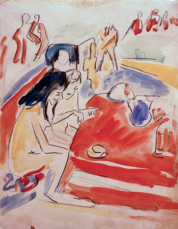 Zwei Mädchen an rotem Tisch mit Tasse, aquarelliert – Ernst Ludwig Kirchner Zwei am Tisch sitzende Mädchen Kunstkopie
