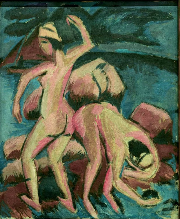 Zwei helle Akte zwischen Felsen am türkisfarbenen Wasser – Ernst Ludwig Kirchner Zwei Badende, Fehmarn Kunstkopie