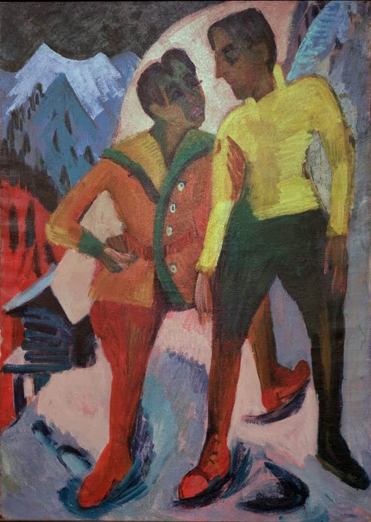Zwei Männer im Gespräch vor Bergen, einer in Gelb – Ernst Ludwig Kirchner Zwei Brüder Mardersteig Kunstkopie