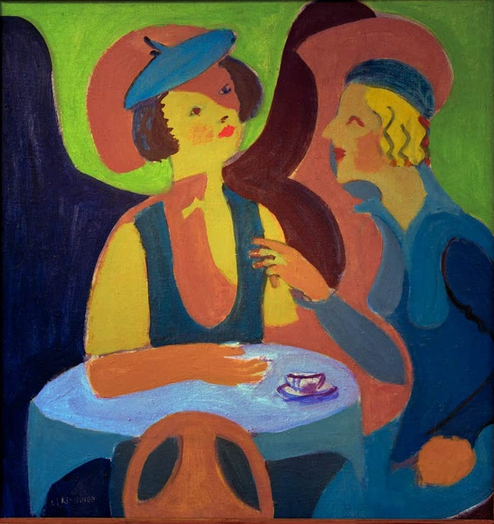 Zwei Frauen mit Hüten sitzen an einem runden blauen Tisch – Ernst Ludwig Kirchner Zwei Damen im Café Kunstkopie