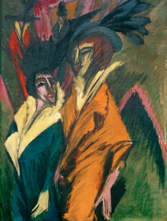 Zwei Frauen mit Federhüten in Grün und Orange auf der Straße – Ernst Ludwig Kirchner Zwei Frauen auf der Straße Kunstkopie