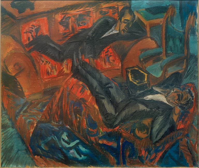 Zwei Männer im Gespräch in einem rotbraun gehaltenen Raum – Ernst Ludwig Kirchner Zwei Freunde im Gespräch Kunstkopie