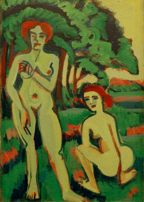 Zwei grünliche Mädchenakte mit rotem Haar im Grünen – Ernst Ludwig Kirchner Zwei grüne Mädchenakte mit rotem Haar Kunstkopie