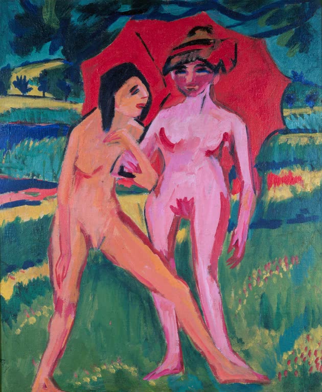 Zwei nackte Mädchen unter rotem Schirm auf einer Wiese – Ernst Ludwig Kirchner Zwei Mädchen unter einem Schirm Kunstkopie
