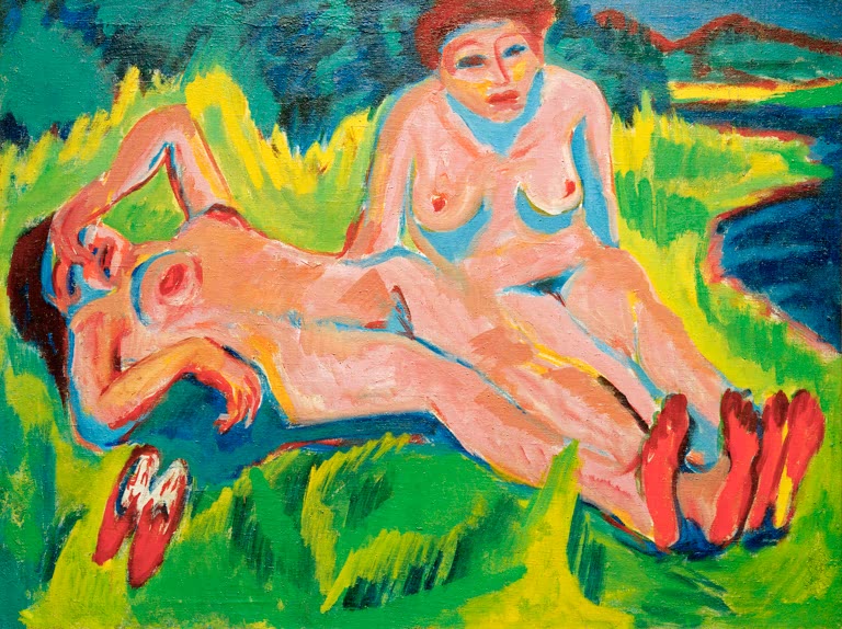 Zwei rosa Akte lagern auf leuchtend grüner Wiese am See – Ernst Ludwig Kirchner Zwei rosa Akte am See Kunstkopie