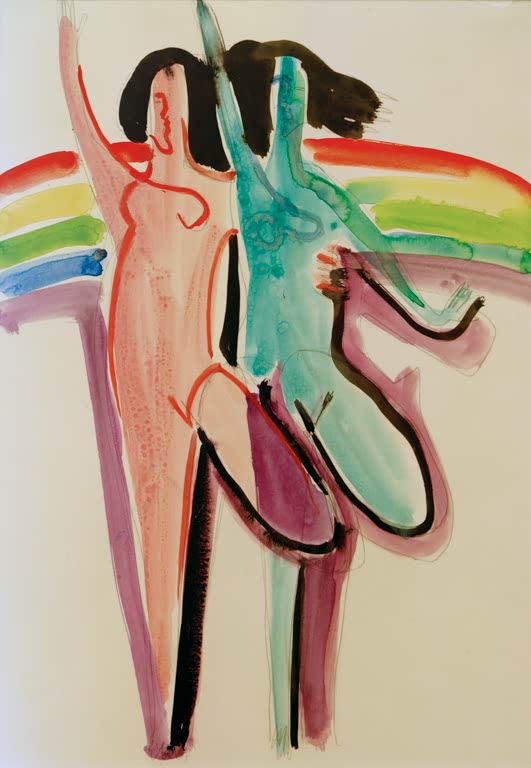 Zwei nackte Tänzerinnen in Rot und Türkis vor Regenbogen – Ernst Ludwig Kirchner Zwei Tänzerinnen Kunstkopie
