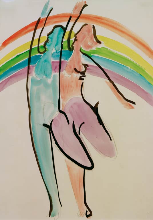 Zwei tanzende Akte in Türkis und Rosa unter einem Regenbogen – Ernst Ludwig Kirchner Zwei Tänzerinnen Kunstkopie