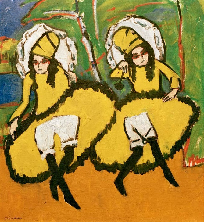 Zwei Tänzerinnen mit gelben Röcken und weißen Hauben auf orangem Boden – Ernst Ludwig Kirchner Zwei Tänzerinnen Kunstkopie