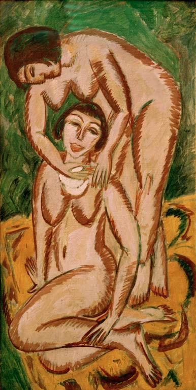 Zwei nackte Frauen, eine kniend, auf orangem Grund – Ernst Ludwig Kirchner Zwei weibliche Akte im Hochformat Kunstkopie