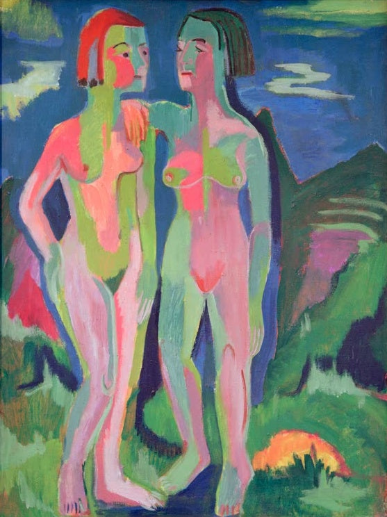 Zwei schlanke Akte vor blauem Himmel und grünen Hügeln – Ernst Ludwig Kirchner Zwei weibliche Akte in Landschaft Kunstkopie
