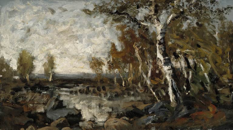 Fanny Churberg Birken am Wasser Kunstkopie, helle Birkenstämme am stillen Teich im diesigen Dämmerlicht