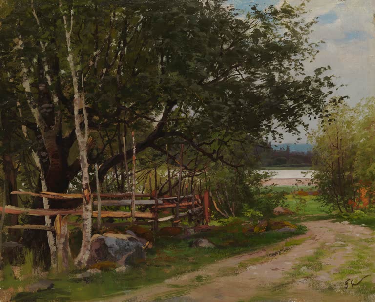 Fanny Churberg Birkenweide Kunstkopie, schattiger Waldweg mit Birken und Holzzaun am Wasser