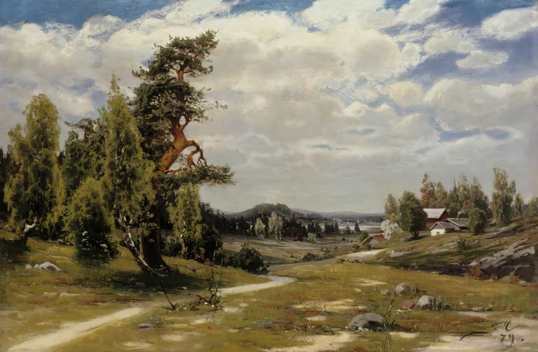 Fanny Churberg Finnische Sommerlandschaft Kunstkopie, sonniger Feldweg zu Gehöften unter weitem Wolkenhimmel