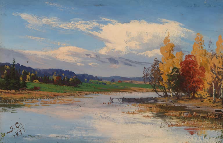 Fanny Churberg Herbstlandschaft mit Birken Kunstkopie, orange und rot gefärbte Bäume am spiegelnden Flussufer