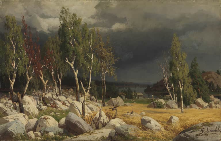 Fanny Churberg Landschaft aus Uusimaa Kunstkopie, Birken und große Findlinge vor dunklem Gewitterhimmel