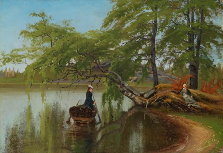 Fanny Churberg Mädchen am Seeufer Kunstkopie, junge Frau im Ruderboot unter überhängenden Bäumen am Ufer