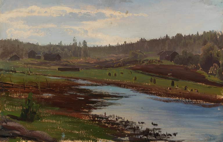 Fanny Churberg Schilfsammlerinnen Kunstkopie, zwei Frauen mit Ruderboot am bewaldeten Seeufer