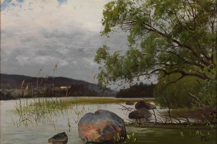 Fanny Churberg Uferlandschaft Kunstkopie, moosbewachsener Stein am Seeufer unter überhängendem Baum