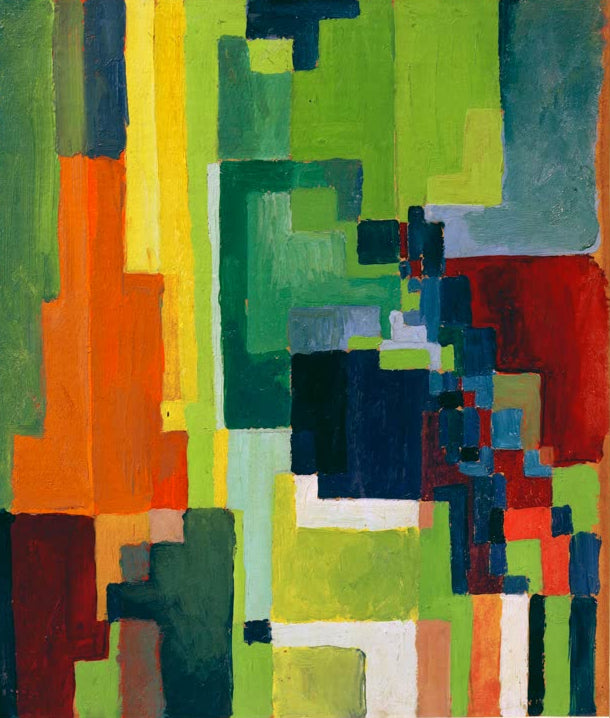 Kunstdruck des Werks „Farbige Formen II“ von August Macke. Hochwertig in Deutschland von Hand gefertigt, erhältlich als Poster oder Leinwand und optional gerahmt.