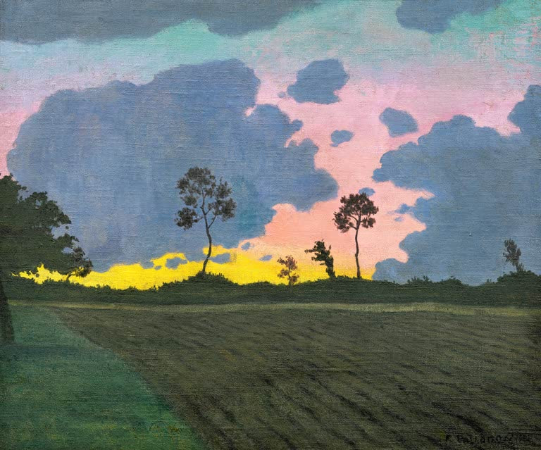 Félix Vallotton Abendhimmel über gepflügtem Feld Kunstkopie, rosa Abendrot mit blauen Wolken hinter schlanken Bäumen