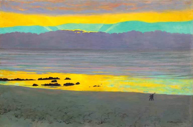 Félix Vallotton Abendrot am Strand Kunstkopie, gelbe Wolkenbank über violettem Meer, dunkle Felsen und kleine Figur am Ufer