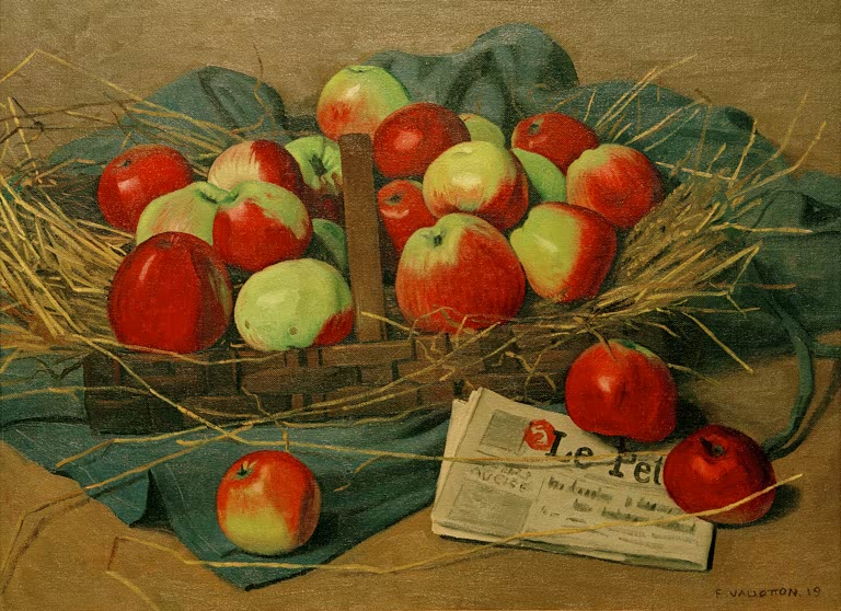 Félix Vallotton Äpfel im Korb mit Zeitung Kunstkopie, rote und grüne Äpfel in Strohkorb auf blaugrünem Tuch