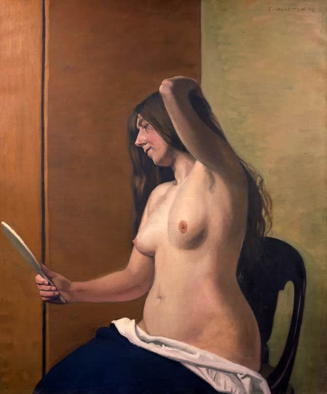 Félix Vallotton Akt mit Spiegel Kunstkopie, sitzende Frau mit langem Haar und Handspiegel im Profil