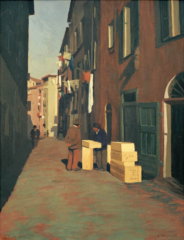Félix Vallotton Alte Straße in Nizza Kunstkopie, schmale Gasse mit Häusern, Wäscheleinen und zwei Männern bei Holzkisten
