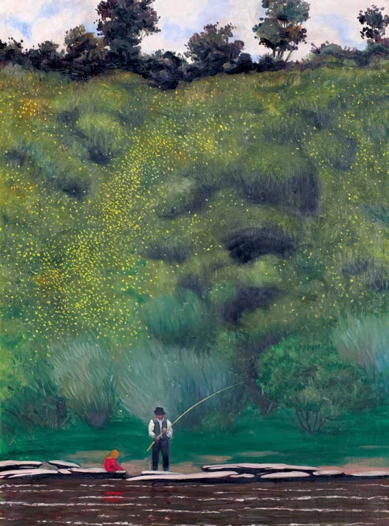 Félix Vallotton Angler am Flussufer Kunstkopie, Mann und Kind am Wasser vor einem grünen, gelb gesprenkelten Hang