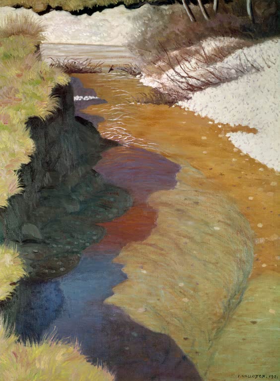 Félix Vallotton Ansicht der Cagne Kunstkopie, windungsreicher Flusslauf in Ocker, Blau und Rostrot zwischen hellen Kiesbänken