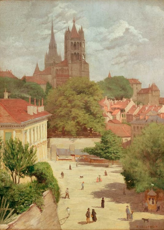 Félix Vallotton Ansicht von Lausanne Kunstdruck Kunstkopie, Kathedrale über roten Dächern, Platz mit Spaziergängern