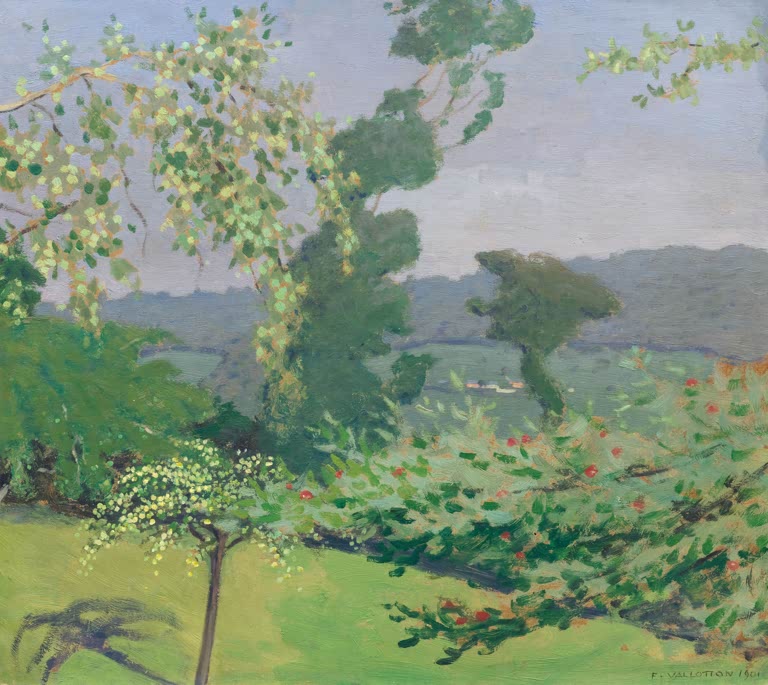 Félix Vallotton Apfelbaum bei Équemauville Kunstkopie, Obstbaum mit roten Früchten vor grünen Hügeln und grauem Himmel