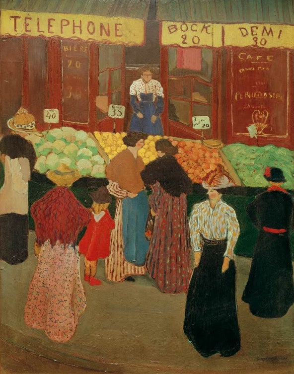 Félix Vallotton Auf dem Markt Kunstkopie, Kundinnen und ein Kind vor einem Gemüsestand unter dem Schriftzug Telephone