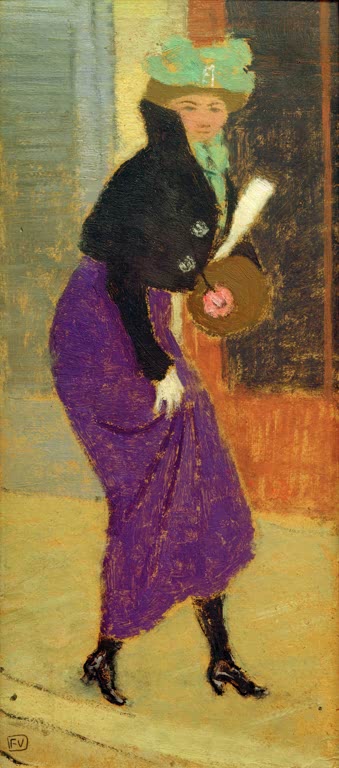 Félix Vallotton Auf der Straße, Frau mit Muff Kunstkopie, Pariserin mit violettem Rock, Hut und Muff auf dem Gehweg
