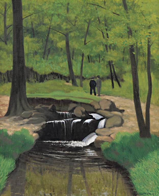 Félix Vallotton Bach im Bois de Boulogne Kunstkopie, kleiner Wasserfall zwischen Steinen und zwei Spaziergänger im Wald