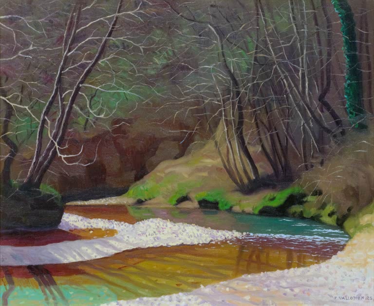 Félix Vallotton Bachlauf im Unterholz Kunstkopie, Bach mit hellem Kiesufer zwischen kahlen Bäumen und grünen Moosflächen