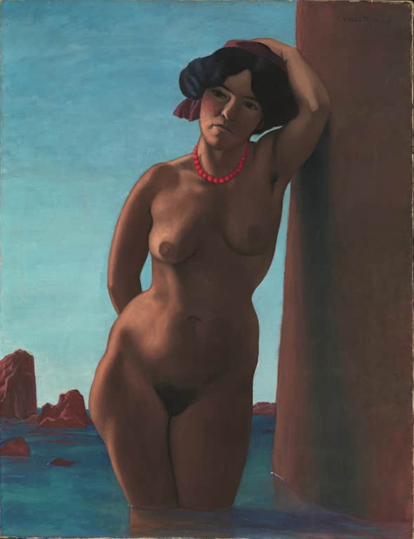 Félix Vallotton Badende am roten Felsen Kunstkopie, stehender Akt mit Korallenkette im türkisblauen Wasser