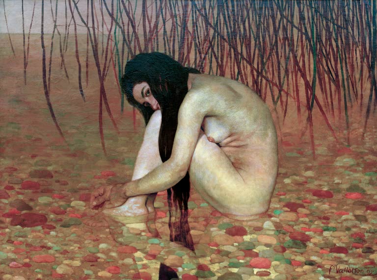 Félix Vallotton Badende, am Schilfufer kauernd Kunstkopie, kauernder Akt im Wasser vor rotem Schilf