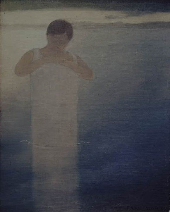 Félix Vallotton Badende im Nachthemd Kunstkopie, junge Frau im hellen Hemd bis zur Hüfte im ruhigen blauen Wasser