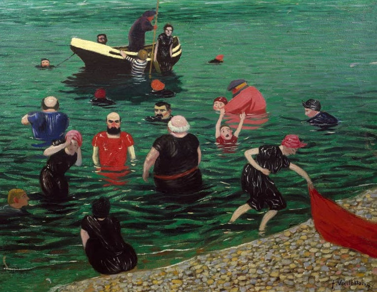 Félix Vallotton Badende in Étretat Kunstkopie, Badegäste im smaragdgrünen Wasser mit Boot und Kieselstrand