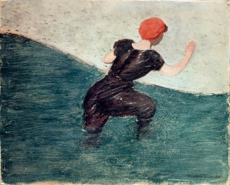 Félix Vallotton Badende Kunstkopie, Frau mit roter Badekappe in dunklem Badeanzug im türkisgrünen Wasser, von hinten gesehen