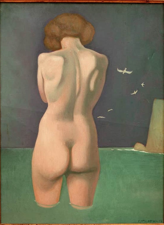 Félix Vallotton Badende mit Vögeln Kunstkopie, Rückenakt im grünen Wasser mit weißen Möwen vor dunklem Himmel