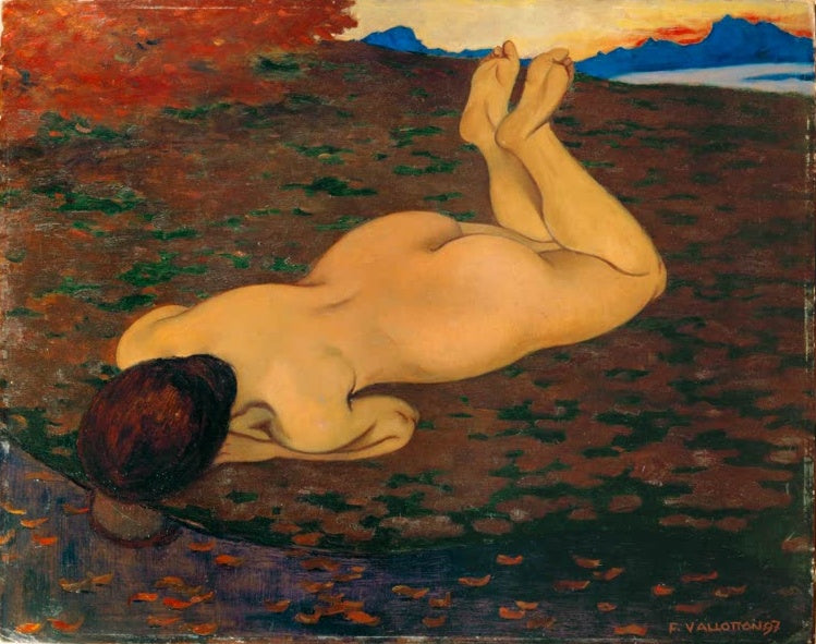 Félix Vallotton Badende oder die Quelle Kunstkopie, liegender Rückenakt im rotbraunen Herbstlaub vor blauen Bergen
