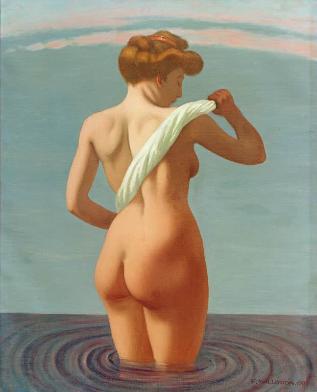 Félix Vallotton Badende von hinten, sich mit gerolltem Tuch trocknend Kunstkopie, Rückenakt im Wasser vor blauem Himmel