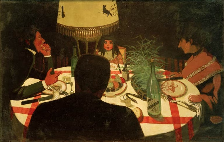 Félix Vallotton Bei Tisch Lichtwirkung Kunstkopie, Familie am runden Tisch mit rot karierter Decke unter einer Lampe